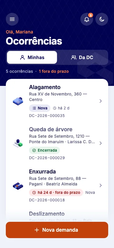 Lista de ocorrências, um selo colorido por linha